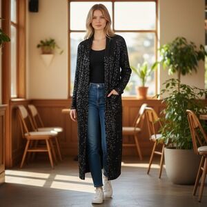 BB Dakota Cardigan Womens XS Black Sequin Duster Open Front Longline BL402595